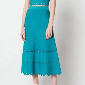New Sandro Rosy Laser Cut Knit Maxi Skirt Turquoise Large $295